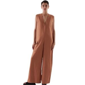 COS Jumpsuit V Neck Linen Wide Leg Cargo Baggy Loose Sleeveless Burnt Orange